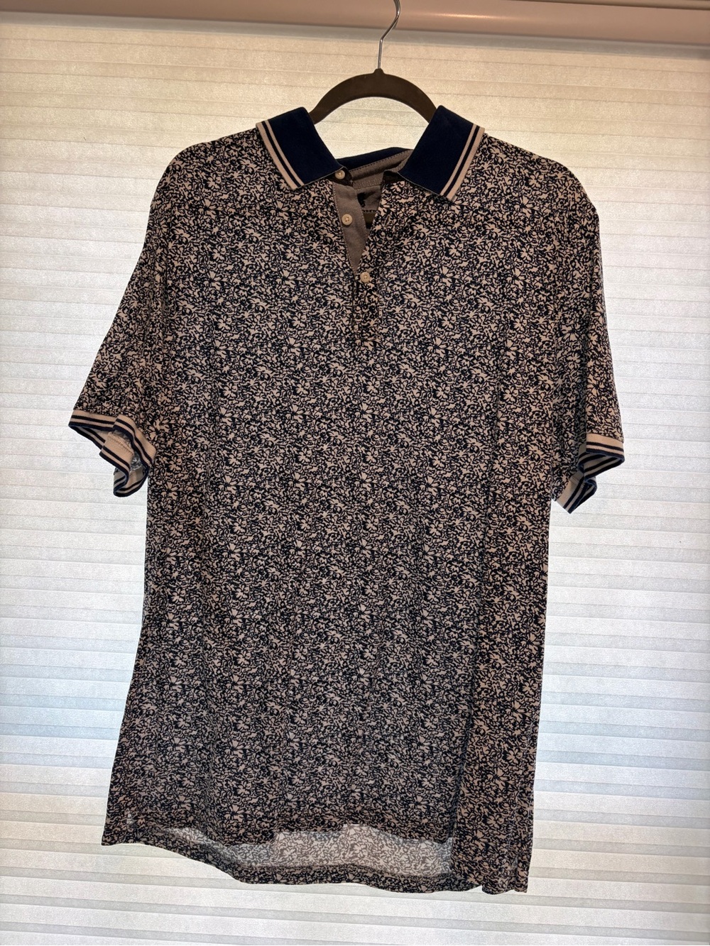 Men's Navy Floral-Print Polo with Contrast Collar